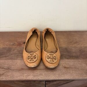 Tory Burch Reva Pebbled Leather Ballet Flats Royal Tan Camel Women Shoe Size 7.5